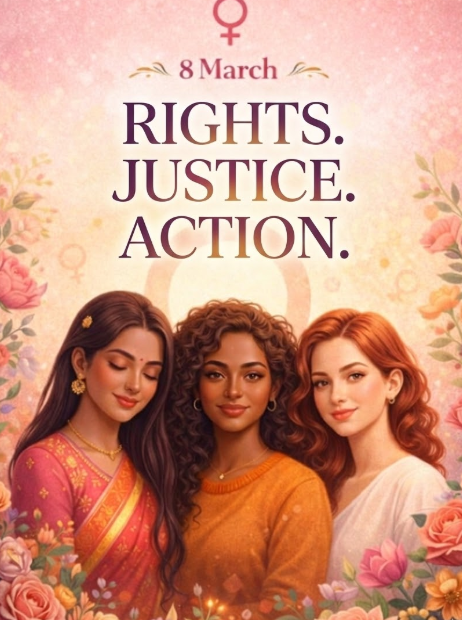 Updated soft-pink portrait of three diverse women with a floral border. New primary text 'RIGHTS. JUSTICE. ACTION.' is displayed prominently in a gradient serif font above their heads
