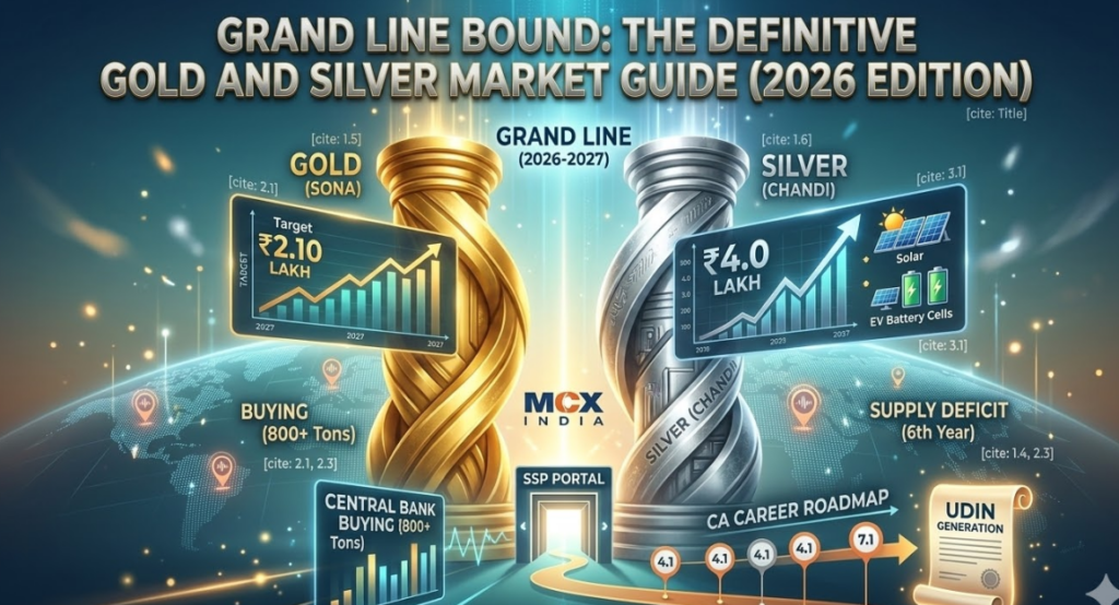 Grand Line Bound: A master infographic visualizing interwoven Gold and Silver pillars with 2027 price predictions (₹2.10L Gold, ₹4.0L Silver), central bank buying, industrial demand, and the CA Career Roadmap path with UDIN generation