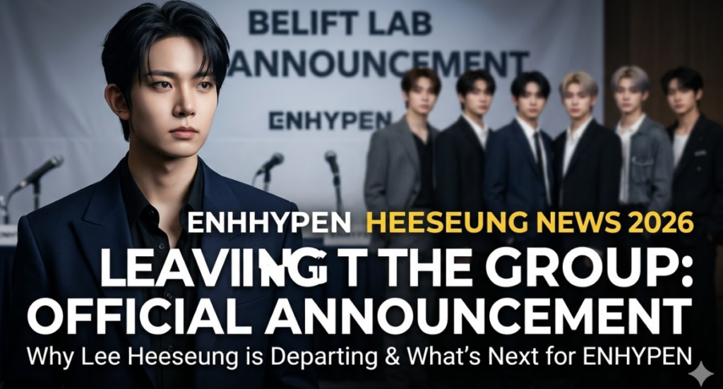 'ENHYPEN HEESEUNG NEWS 2026: LEAVING THE GROUP: OFFICIAL ANNOUNCEMENT' with graphical red and white 'X' markers. A subtitle states: 'Why Lee Heeseung is Departing & What's Next for ENHYPEN', dated 'MARCH 10, 2026'. The background includes text for 'BELIFT LAB ANNOUNCEMENT' and 'ENHYPEN'."