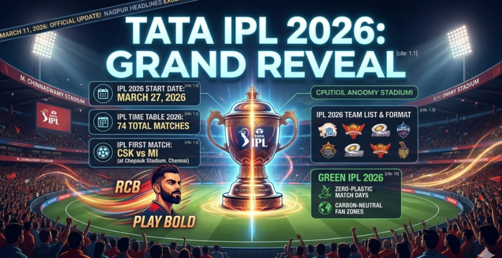 TATA IPL 2026 Schedule, Teams, Dates, and Venues: The Ultimate Ultimate Guide to Cricket's Grandest Carnival 48 An infographic screen conceptually titled 'GREEN IPL 2026 ENVIRONMENTAL PROTOCOLS' conceptually conceptually visual conceptual listing three key initiatives: Zero-Plastic Match Days, Carbon-Neutral Fan Zones, and Digital Footprint Tracking conceptually visual conceptually integrated digital grid visualization conceptually verbatim lists detailed conceptual. Text conceptually banner concepts: TATA IPL 2026: Swachh IPL 2026 Initiative! concepts conceptual conceptual.