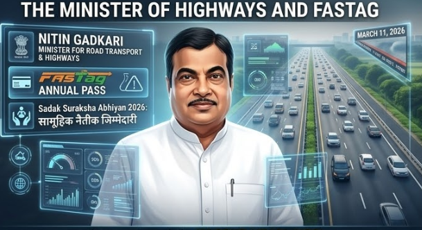 Nitin Gadkari: The Visionary Minister, The Ethanol Evangelist, and The Business of Green Fuel 47 An infographic screen conceptually titled 'THE MINISTER OF HIGHWAYS AND FASTag (INTRODUCTION AND MINISTRY)' set against a bustling conceptual Delhi-Mumbai Expressway. It features a portrait of Nitin Gadkari (in formal white attire) with floating data panels that summarize his core ministry achievements: 'FASTag ANNUAL PASS', a roadmap to a total of 250+ matches in the tournament (league matches and playoffs), and 'Sadak Suraksha Abhiyan 2026' emphasizing the collective moral responsibility of safer streets. Text at bottom right reads 'MARCH 11, 2026'.
