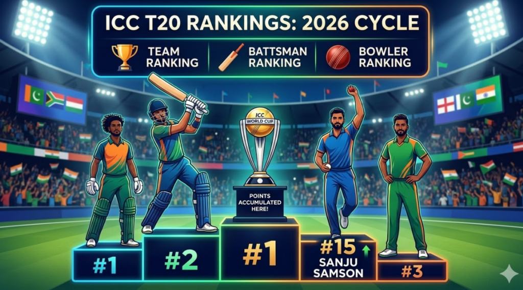 The Ultimate Guide to the ICC T20 Rankings: Understanding How the Best Are Measured 46 A stylized infographic featured image set within a packed cricket stadium at night, detailing the ICC T20 Cricket Rankings for the 2026 cycle. A prominent glowing banner at the top reads 'ICC T20 RANKINGS: 2026 CYCLE'. Below this are category headings with icons: 'TEAM RANKING' (trophy icon), 'BATTSMAN RANKING' (bat icon), and 'BOWLER RANKING' (ball icon). A large, three-tiered podium structure dominates the center. The highest central tier is gold and labeled '#1', featuring a large 'ICC WORLD CUP' trophy and a sign reading 'POINTS ACCUMULATED HERE!'. Steps are numbered '#2' (blue) and '#3' (orange) to the left and right. Integrated into the right side of the podium is an orange step clearly marked '#15' with the name 'SANJU SAMSON' and a green upward arrow next to it. Five idealized cricket players are standing on the steps in action poses, surrounded by a floodlit crowd and screens displaying diverse, generic flags. The overall style is modern and statistical, utilizing a rich palette of deep blues, electric greens, oranges, and gold.