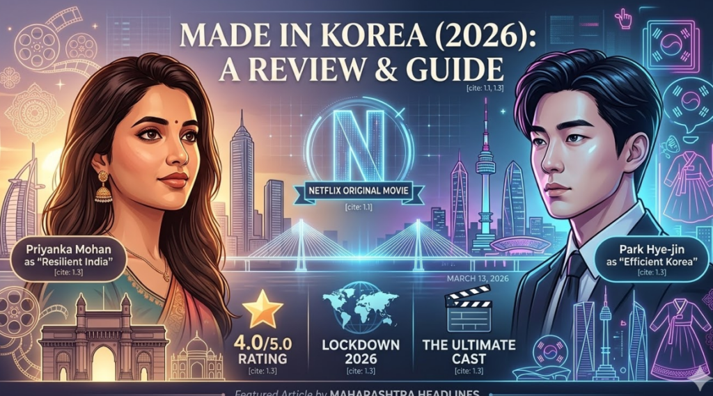 The Comprehensive Guide to 'Made in Korea' (2026): Your Ultimate Netflix Movie Review, Cast, and Rating 45 A vibrant, illustrative infographic banner featuring stylized portraits of Priyanka Mohan as 'Resilient India' against a sunset Mumbai skyline and Park Hye-jin as 'Efficient Korea' against a neon Seoul skyline. A bridge connects the two cities under the large blue glowing title, 'MADE IN KOREA (2026): A REVIEW & GUIDE', with a Netflix 'N' logo and 'NETFLIX ORIGINAL MOVIE' centered above a bridge connecting the cities. A metric bar below displays three key data points: '4.0/5.0 RATING', 'LOCKDOWN 2026', and 'THE ULTIMATE CAST'. The bottom footer reads 'Featured Article by MAHARASHTRA HEADLINES'.