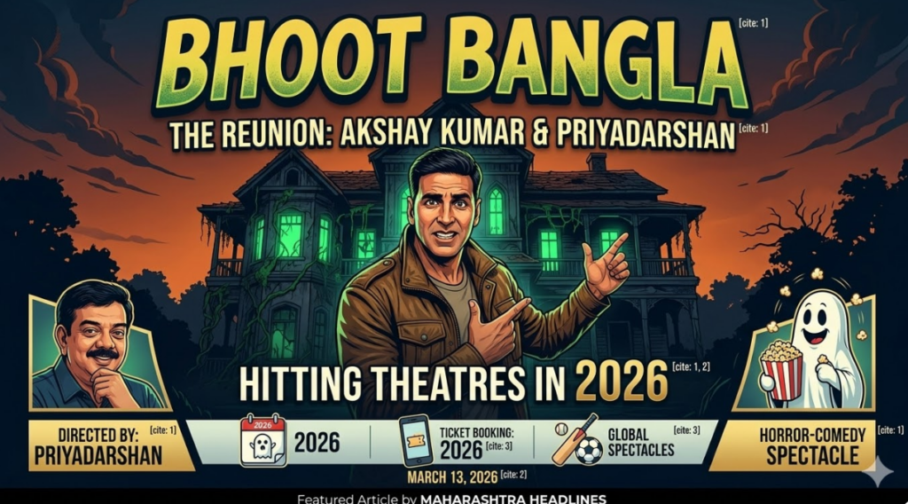 Bhoot Bangla 2026 Release Date: Akshay Kumar, Cast, and Movie Details 44 A cinematic featured image poster for the article 'Akshay Kumar’s Bhoot Bangla 2026 Release Date: Details, Cast, and What to Expect'. The professional digital illustration, with a wide aspect ratio, features Akshay Kumar centrally with an expressive, grinning face, wildly gesturing toward a spooky, dilapidated Indian haunted house (Bhoot Bangla) at twilight, with eerie green light glowing from the windows. The main title is large and glowing in green and yellow: BHOOT BANGLA. Directly below it, sub-text reads: THE REUNION: AKSHAY KUMAR & PRIYADARSHAN. A large central banner below Akshay states: HITTING THEATRES IN 2026. The image includes a portrait panel of director Priyadarshan labeled DIRECTED BY: PRIYADARSHAN on the left, and a panel with a humorous ghost juggling popcorn labeled HORROR-COMEDY SPECTACLE on the right. A detailed footer banner includes minor illustrative icons and labels for 2026 CALENDAR (GHOST), TICKET BOOKING: 2026, GLOBAL SPECTACLES, and a timestamp MARCH 13, 2026. The bottom footer has the standard label: Featured Article by MAHARASHTRA HEADLINES