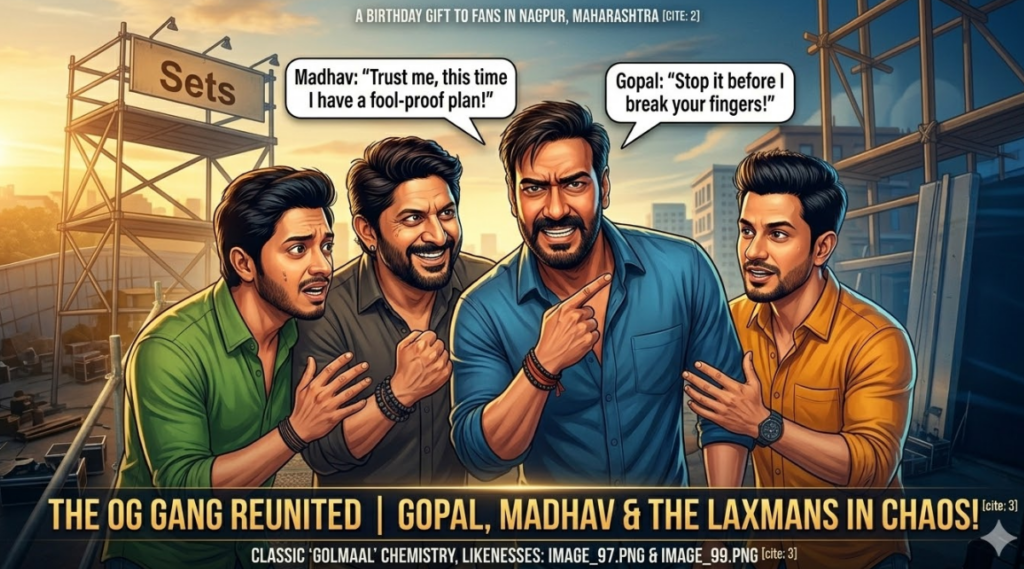 The Ultimate Guide to the Upcoming Movie Golmaal 5: Cast, Plot Suspense, and Epic Comebacks 42 A low-angle, powerful, close-up shot of the new 'Chaos King' (Akshay Kumar), matching his bald, bearded appearance and cheering expression in image_97.png and image_99.png. He is grinning widely, holding up two different, strange, glowing artifacts (one a gold coin, one an ancient map piece), creating dynamic energy. The core gang (Gopal, Madhav, Laxmans, and Sharman) is out of focus in the background, looking on in sheer disbelief and fear. Text banner: AKSHAY KUMAR'S SHOCKING ENTRY! | THE BALD CHAOS KING IS HERE! IS HE THE VILLAIN?. Smaller text near footer: NEW MEGACAST, AKSHAY LIKENESS: IMAGE_97.PNG & IMAGE_99.PNG. This visualizes the new force of chaos with a powerful composition. Style seamless match. Date consistent. Production quality very high.