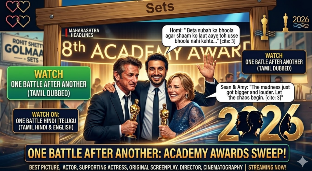 The Ultimate Oscars 2026 Winners Recap: "One Battle After Another" Sweeps the Academy Awards 40 A dynamic illustrative simulated OTT streaming interface, matching the visual quality and production of image_121.png, image_122.png, image_123.png, and image_124.png. The main banner focuses on the likenesses of Sean Penn, Amy Madigan, and the director (likeness of Homi Adajania) celebrate 6 Oscars from image_121.png. They are emotional, holding their 6 golden statues. Below them, a text banner reads: ONE BATTLE AFTER ANOTHER: ACADEMY AWARDS SWEEP!. Smaller sub-banner: BEST PICTURE, ACTOR, SUPPORTING ACTRESS, ORIGINAL SCREENPLAY, DIRECTOR, CINEMATOGRAPHY | STREAMING NOW!. The interface includes simulated 'watch' buttons: a large green WATCH ONE BATTLE AFTER ANOTHER (TAMIL DUBBED), plus Hindi, Telugu, and English audio options. Character likenesses accurate and distinct from image_97.png and image_99.png.