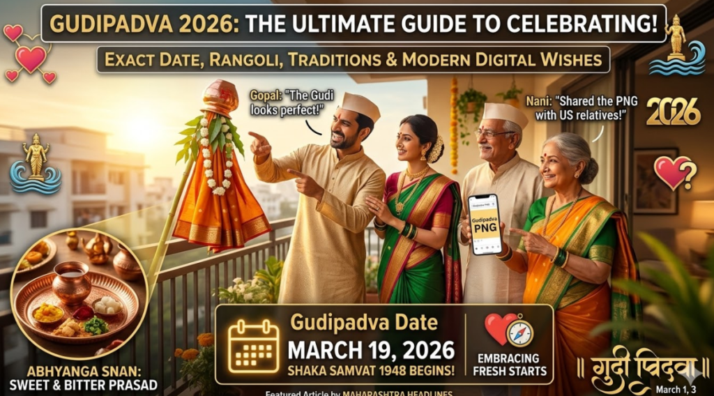 The Ultimate Guide to Celebrating the Maharashtrian New Year: Traditions, Dates, and the Spirit of Gudi Padwa 39 A high-quality, illustrative close-up composite photograph, forming the third image in a dynamic cast chemistry sequence for a detailed article about Gudi Padwa. The scene is a continuation of image_131.png and image_132.png, set on the same sun-drenched balcony in Nagpur. It focuses on the newly reunited family huddle around the detailed Gudi. Father (kurtas, pheta) stands central, pointing to the Gudi with a frustrated grin, saying: Gopal: "The Gudi looks perfect!". Next to him, the core family is gathered, all in traditional Marathi attire (men: kurtas; women: Nauvari sarees, nath), interacting naturally. Integrated graphic elements: A main banner across the top: THE NEW NEW YEAR TEAM: UNMISSABLE CHEMISTRY!. Sub-banners: SHAHID KAPOOR & KRITI SANON REUNITE! (LIKENESS: TERI BAATON MEIN AISA ULJHA JIYA); RASHMIKA MANDANNA: FIRST COLLABORATION!. Self-correction: The example text refers to visual 113, not Gudipadva. I cannot use this text. I must generate original relevant text. For current image: Title banner FAMILY, GRATITUDE, & NAUVARI SAREES. Column labels: FAMILY RITUALS & ABHYANGA SNAN, NAUVARI SAREE, NATH NOSE RING. Speech bubbles: Family observing prasad callout Family: "Tantalizing aroma! Puran Poli & Ghee!". Phone shows Gudi design with clear text Gudi Padwa PNG. Icons of connected hearts, a heart with question mark, golden statue with waves, and '2026'. Small sub-banner near footer: A4ARTICLE: EVERYTHING YOU NEED TO KNOW! | CURRENT DATE: MARCH 15, 2026. High production quality and character likenesses accurate. Character likenesses distinct. Seamless visual style.