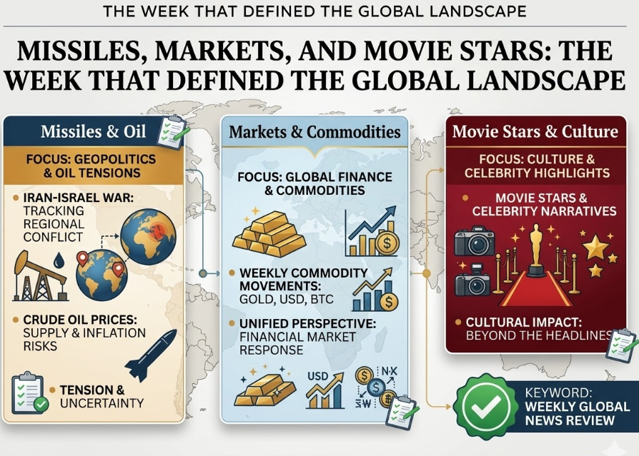 Missiles, Markets, and Movie Stars: The Week That Defined the Global Agenda 38 A comprehensive infographic titled 'Missiles, Markets, and Movie Stars: The Week That Defined The Global Landscape' set against a world map. It features three interconnected columns: 'Missiles & Oil' with a missile icon and a globe pinpointing the Middle East; 'Markets & Commodities' with illustrations of gold bars and financial charts; and 'Movie Stars & Culture' showing a red carpet and a film award statue. A green checkmark badge in the corner reads 'Keyword: Weekly Global News Review'.