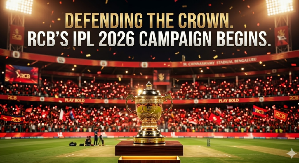 Defending the Crown: The Ultimate Guide to the RCB 2026 IPL Campaign 37 A prestigious and celebratory night photograph captures the packed M. Chinnaswamy Stadium filled with a vibrant 'sea of red' RCB fans. In the foreground, the gleaming IPL Trophy sits prominently on a central pedestal. Prominent gold and white text overlaid on the image states: 'DEFENDING THE CROWN. RCB’S IPL 2026 CAMPAIGN BEGINS.' Smaller, descriptive text around this headline identifies the image as a featured header, section introduction, and includes a detailed visual breakdown.