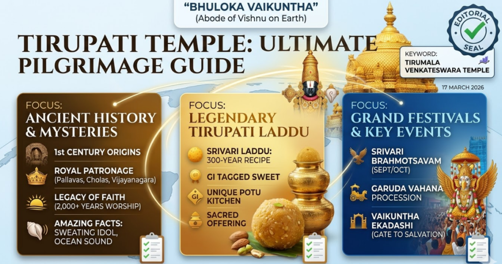 Tirupati Temple: The Ultimate Guide to History, Amazing Facts, and Devotion 36 A detailed infographic-style featured image card summarizing the "TIRUPATI TEMPLE: ULTIMATE PILGRIMAGE GUIDE". It features a main central title with a subtitle identifying it as "BHULOKA VAIKUNTHA" (Abode of Vishnu on Earth). Three prominent, bordered columns are central. The left column focuses on "ANCIENT HISTORY & MYSTERIES", detailing 1st-century origins, royal patronage, 2,000+ years of worship, and facts like the sweating idol and ocean sound. Icons: carved stone, crown, conch. The center column focuses on "LEGENDARY TIRUPATI LADDU", featuring a detailed close-up of the laddu with nuts, describing its 300-year recipe, GI tag, and unique kitchen. Includes stacked gold-plated earthen pots. The right column focuses on "GRAND FESTIVALS & KEY EVENTS", illustrating Brahmotsavam, Garuda Vahana procession, and Vaikuntha Ekadashi with cheering crowds. The image includes an 'EDITORIAL SEAL' with a green checkmark and the specific keyword "TIRUMALA VENKATESWARA TEMPLE", a date (17 MARCH 2026), a global map background with swirling lines, and the golden temple dome.