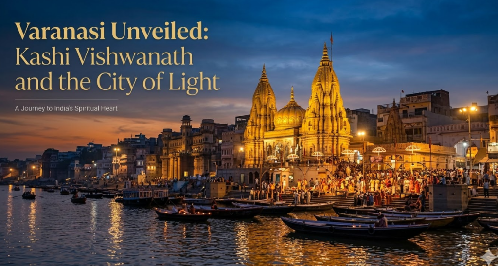 Varanasi Unveiled: Your Guide to Kashi Vishwanath and the City of Light 35 A detailed wide-angle landscape photograph of the illuminated ghats of Varanasi along the Ganges River at twilight. The main Kashi Vishwanath Temple complex glows with brilliant golden light on the crowded riverbank, teeming with pilgrims. Numerous traditional wooden boats carrying people reflect the lights on the water. The sky is deep blue transitioning to warm orange. Overlaid text at the top left reads: 'Varanasi Unveiled: Kashi Vishwanath and the City of Light', with the subtitle 'A Journey to India's Spiritual Heart