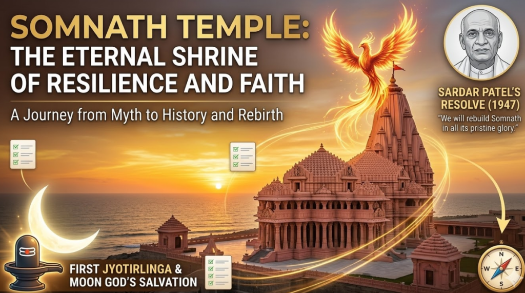 Somnath Temple: The Eternal Shrine of Resilience and Faith 34 A comprehensive editorial infographic about the Somnath Temple. The prominent title reads: 'SOMNATH TEMPLE: THE ETERNAL SHRINE OF RESILIENCE AND FAITH', with the subtitle: 'A Journey from Myth to History and Rebirth'. The central element is a detailed, realistic photo of the grand Somnath Temple complex on the Arabian Sea coast, set against a warm sunset and a visible crescent moon. A large, glowing golden and orange phoenix flies above the temple, symbolizing rebirth. In the top right, a circular portrait of Sardar Vallabhbhai Patel is labeled 'SARDAR PATEL'S RESOLVE (1947)' with his quote: ''We will rebuild Somnath in all its pristine glory.'' In the bottom left, a stylized icon of a Shivalinga with a glowing crescent moon and stars is labeled: 'FIRST JYOTIRLINGA & MOON GOD'S SALVATION'. Three small checklist icons with checkmarks are integrated near the phoenix, over the sea, and over the temple. A compass with an arrow pointing South is in the bottom right corner. The entire image is framed with glowing light trails and features small symbolic icons like tridents and gears.