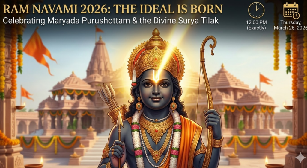 Ram Navami 2026: Date, Timings, Ayodhya Surya Tilak, and Deep Spiritual Significance 33 A detailed, illustrated featured image infographic for a Ram Navami 2026 article. The central focus is a smiling portrait of Lord Rama as a dark-stone idol (Ram Lalla style), richly adorned, holding his bow and arrow within the Ayodhya Ram Mandir complex. A focused, brilliant beam of golden sunlight, representing the divine 'Surya Tilak' ritual, strikes the center of his forehead. Text at the top reads: 'RAM NAVAMI 2026: THE IDEAL IS BORN' and 'Celebrating Maryada Purushottam & the Divine Surya Tilak'. In the top right, a graphic clock points to '12:00 PM (Exactly)' and a calendar icon specifies 'Thursday, March 26, 2026'.