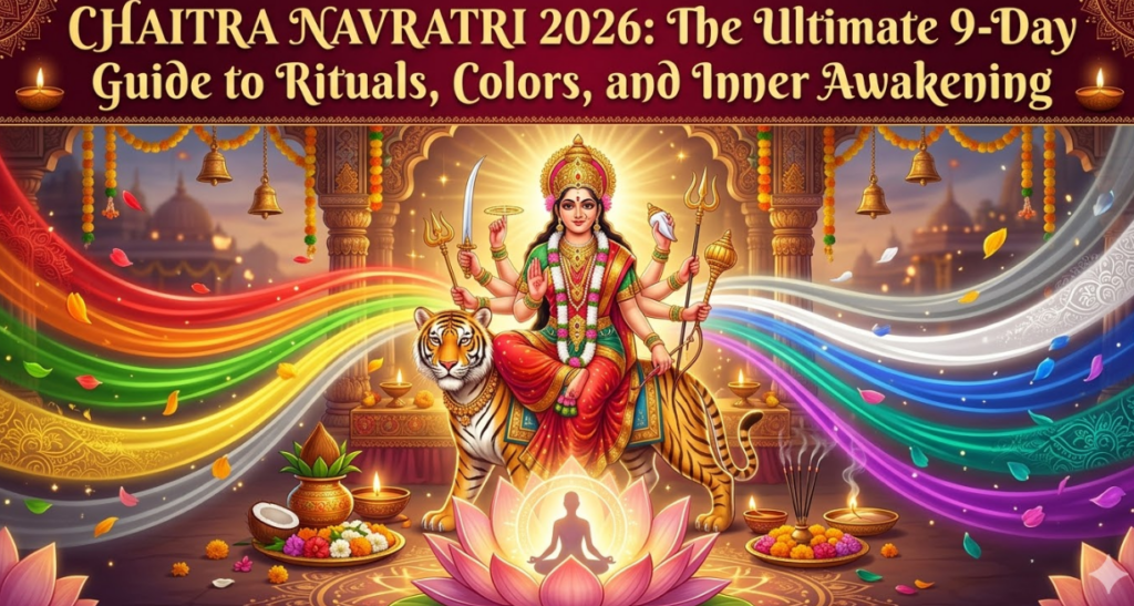 Chaitra Navratri 2026: The Ultimate 9-Day Guide to Rituals, Colors, and Inner Awakening 32 An illustrated festive graphic for "CHAITRA NAVRATRI 2026," with the header text "The Ultimate 9-Day Guide to Rituals, Colors, and Inner Awakening" at the top. The central subject is Goddess Durga, with multiple arms holding traditional items, seated on a tiger. Behind them, a vibrant spectrum of colorful ribbons forms a large, flowing wave, with floating petals. Below, ritual elements include a kalash, offerings, incense, and a meditative figure glowing inside a pink lotus, all under ornate golden arches with hanging bells and oil lamps (diyas). The art style is detailed digital illustration with glowing effects.