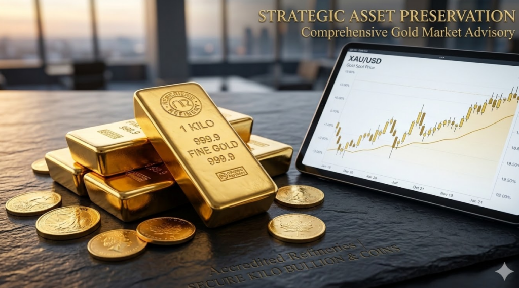 March 20, 2026: The Ultimate Gold and Silver Market Analysis & Investment Guide for India 31 A promotional image featuring a stack of 1-kilo 999.9 fine gold bars and scattered gold coins on a dark textured surface. A tablet in the background displays a live XAU/USD gold spot price candlestick chart against a blurred modern city skyline. Overlaid text reads: 'STRATEGIC ASSET PRESERVATION - Comprehensive Gold Market Advisory' at the top right, and 'Accredited Refineries | SECURE KILO BULLION & COINS' at the bottom