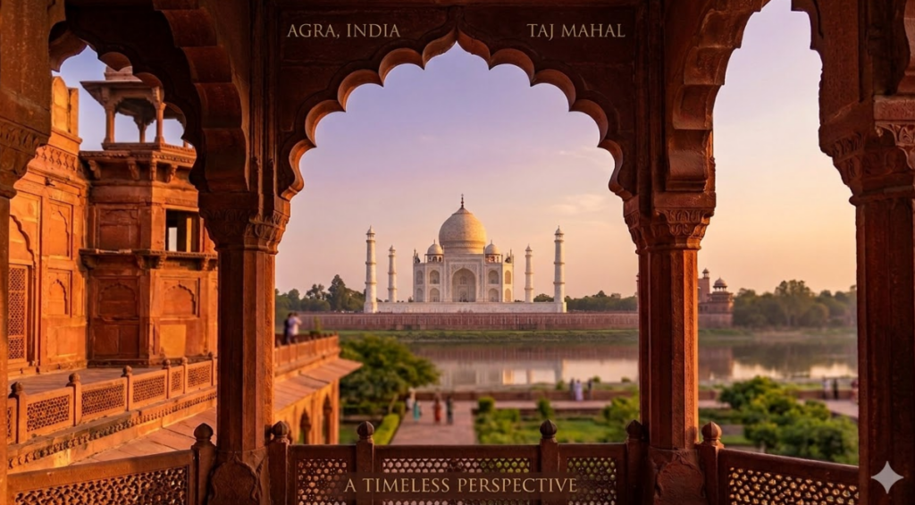 Agra Travel Guide: Unveiling the Taj Mahal and the Epic Legacy of Mughal History 30 A picturesque view of the white marble Taj Mahal at sunrise, perfectly framed through an intricately carved red sandstone Mughal archway. Overlaid text on the image reads "AGRA, INDIA" at the top left, "TAJ MAHAL" at the top right, and "A TIMELESS PERSPECTIVE" at the bottom center.