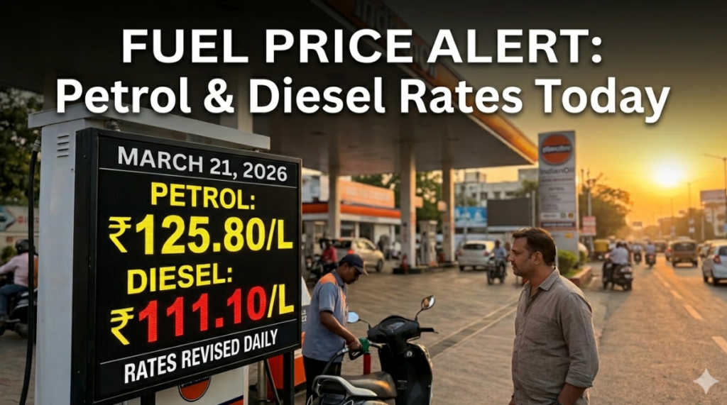 The Ultimate Guide to Petrol and Diesel Price Today: Live Updates, State-Wise Analysis, and Impact 29 A digital display board at a petrol pump showing fuel prices for March 21, 2026. The board displays Petrol at ₹125.80/L in yellow text and Diesel at ₹111.10/L in red text, with "RATES REVISED DAILY" at the bottom. A man stands next to his scooter while an attendant prepares to refuel it. The background features an IndianOil station and a street scene at sunset. Overlaid text at the top reads, "FUEL PRICE ALERT: Petrol & Diesel Rates Today".
