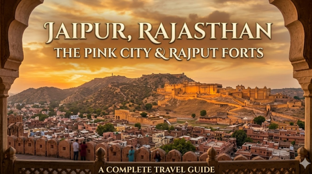 The Ultimate Travel Guide to Jaipur, Rajasthan: The Pink City & Rajput Forts 28 A breathtaking panoramic sunset view of Jaipur's pink-hued buildings and a massive, glowing Rajput fort sprawling across the rugged hills, beautifully framed by an intricately carved stone archway. Elegant text overlaid in the sky reads "JAIPUR, RAJASTHAN: THE PINK CITY & RAJPUT FORTS," with "A COMPLETE TRAVEL GUIDE" written along the bottom border.