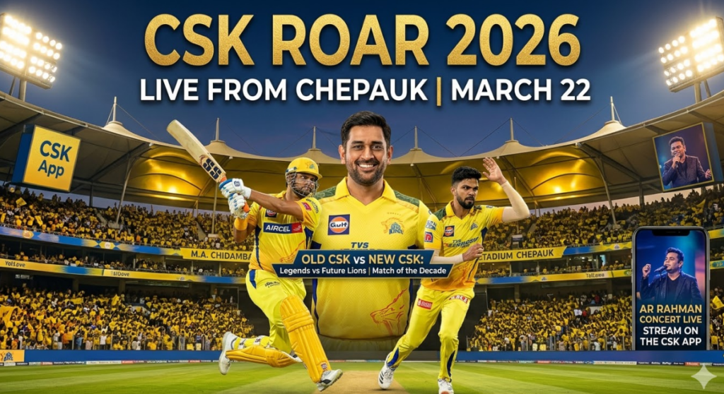 The Ultimate Guide to CSK ROAR 2026: Live Streaming, Squads, and the Epic Old CSK vs New CSK Clash 27 A dynamic featured image poster for the Chennai Super Kings event, CSK ROAR 2026 live streaming, to be held at the M.A. Chidambaram Stadium (Chepauk) on March 22. Centrally positioned are prominent photographs of cricket legends MS Dhoni, Suresh Raina batting (representing the "Old"), and Ruturaj Gaikwad fielding (representing the "New"), framed by an illustrated roaring lion. Large text at the top reads, "CSK ROAR 2026" and "LIVE FROM CHEPAUK | MARCH 22". A smartphone displayed on the right provides details for the event's entertainment, explicitly stating, "AR RAHMAN CONCERT LIVE | STREAM ON THE CSK APP." Additional text below the players highlights the main attraction: "Old CSK vs New CSK match: Legends vs Future Lions | Match of the Decade". The background features a massive, yellow-clad crowd inside Chepauk.