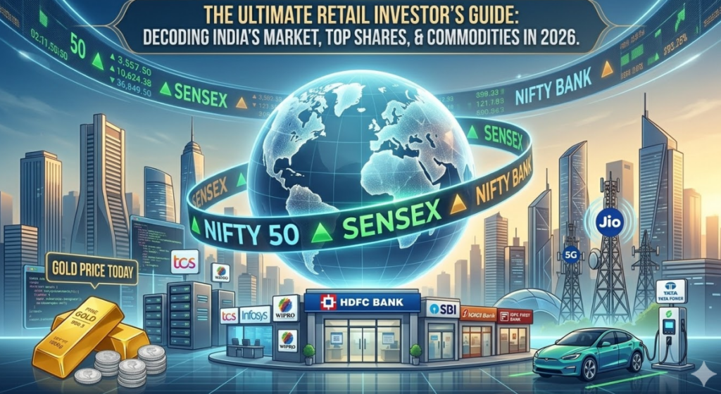 The Ultimate Retail Investor’s Guide: Decoding the Stock Market, Top Shares, and Commodities in 2026 26 An illustrative infographic grid for an Indian market article, composed of four distinct thematic panels. It covers tracking the NIFTY 50 and SENSEX barometers (top-left) and highlights banking giants HDFC Bank and SBI leading (top-right). Below, it analyzes market movers Reliance, Tata Motors (EV), and IT titans (bottom-left), and advises on diversifying with gold, silver, and defensive stocks like ITC (bottom-right).