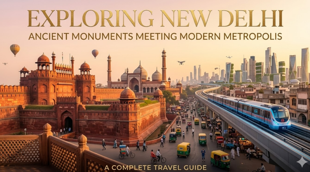 New Delhi Travel Guide: Where Ancient Monuments Meet Modern Metropolis 25 A detailed composite image, structured as a travel guide cover, showing a juxtaposition of historical Delhi and a futuristic cityscape under a warm, golden-hour sky filled with hot air balloons and drones. On the left is the sprawling red sandstone Red Fort complex with domes and minarets, with traditional cycle rickshaws and people below. On the right, a sleek, modern elevated metro train marked "EXPLORING NEW DELHI" glides along a curved track toward a futuristic skyline of glass and green skyscrapers. Large gold text across the top reads "EXPLORING NEW DELHI" and below it "ANCIENT MONUMENTS MEETING MODERN METROPOLIS." The bottom text reads "A COMPLETE TRAVEL GUIDE." New Delhi ancient monuments