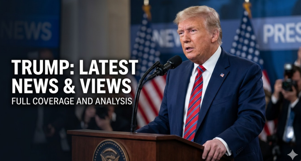 The Ultimate 2026 Guide to the US-Iran Conflict: Ultimatum, Market Shockwaves, and the 5-Day Pause 24 A news-style graphic showing Donald Trump speaking at a presidential podium with a microphone, wearing a dark blue suit and a red and blue striped tie. The background features American flags and a blurred press corps taking photos. Large, bold white text overlaid on the left side reads: 'TRUMP: LATEST NEWS & VIEWS' with smaller text below reading 'FULL COVERAGE AND ANALYSIS'. Trump Iran news