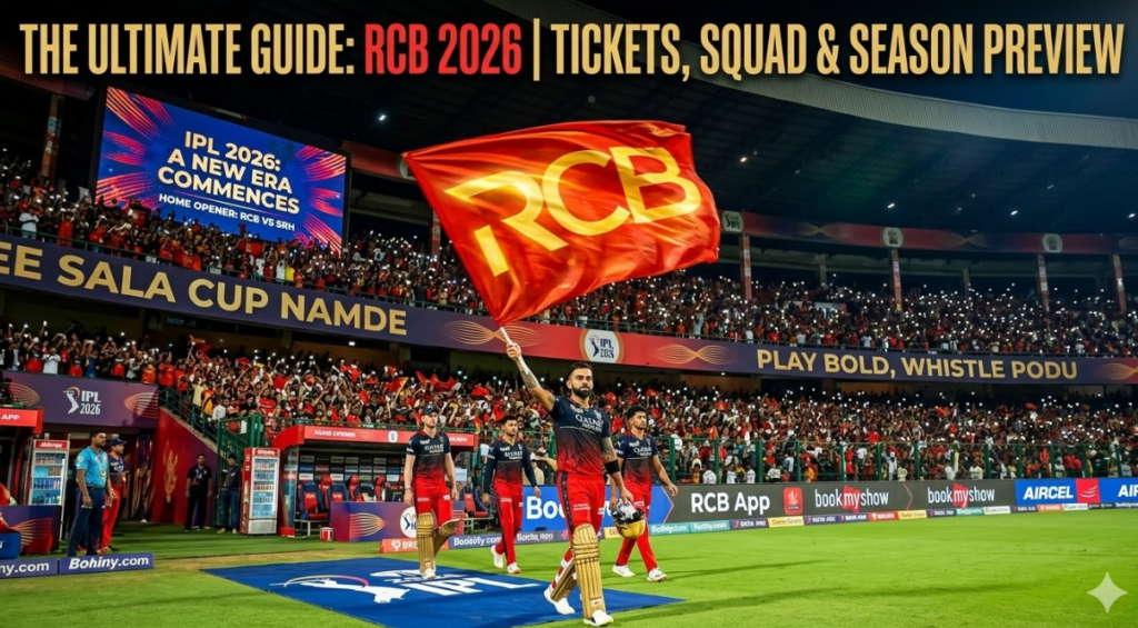 The Ultimate Guide to RCB 2026: Tickets, Squad, New Jersey, and Epic Matchups 23 A vibrant featured image for an article titled "THE ULTIMATE GUIDE: RCB 2026 | TICKETS, SQUAD & SEASON PREVIEW." The scene depicts Virat Kohli leading the Royal Challengers Bengaluru team onto the pitch at a packed stadium at night. Kohli is proudly waving a massive red flag with a gold 'RCB' logo. The stands are illuminated by thousands of fans holding up phone flashlights, and a large digital stadium screen in the background reads 'IPL 2026: A NEW ERA COMMENCES | HOME OPENER: RCB VS SRH.'