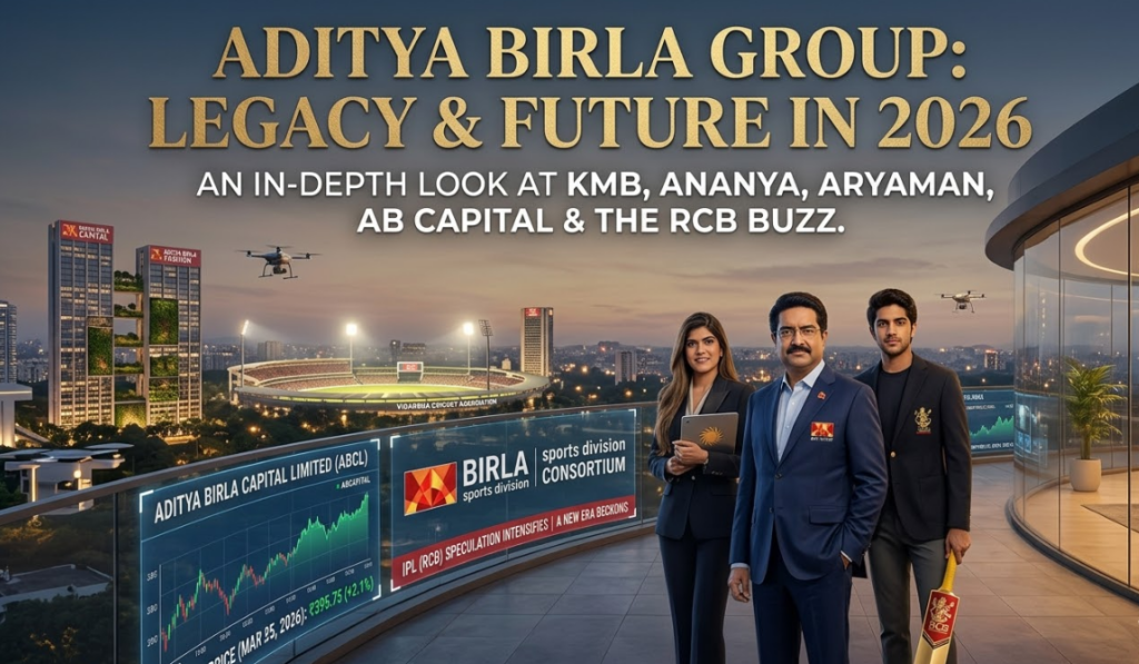 Aditya Birla Group in 2026: An In-Depth Look at the Legacy, the IPL Buzz, and a Diversified Powerhouse 20 A professional banner image for an Aditya Birla Group article, featuring Ananya, Kumar Mangalam (KMB), and Aryaman Birla standing on a modern terrace at dusk. The large text headline reads: "ADITYA BIRLA GROUP: LEGACY & FUTURE IN 2026," with a sub-headline: "AN IN-DEPTH LOOK AT KMB, ANANYA, ARYAMAN, AB CAPITAL & THE RCB BUZZ." Behind them is a modern city skyline and a large, illuminated cricket stadium. Drones fly in the sky. To the left and behind the group, digital screens display text and a rising stock market graph. The left screen shows "ADITYA BIRLA CAPITAL LIMITED (ABCL)" with a graph and the text "+50% GROWTH (Illustrative)". The center screen features the "BIRLA SPORTS DIVISION (BSD) / CONSORTIUM" logo and text stating: "IPL (RCB) SPECULATION INTENSIFIES | A NEW ERA BECKONS." Ananya holds a tablet, KMB is in a navy blue suit with a small lapel pin, and Aryaman holds a cricket bat with a subtle "AB" logo.