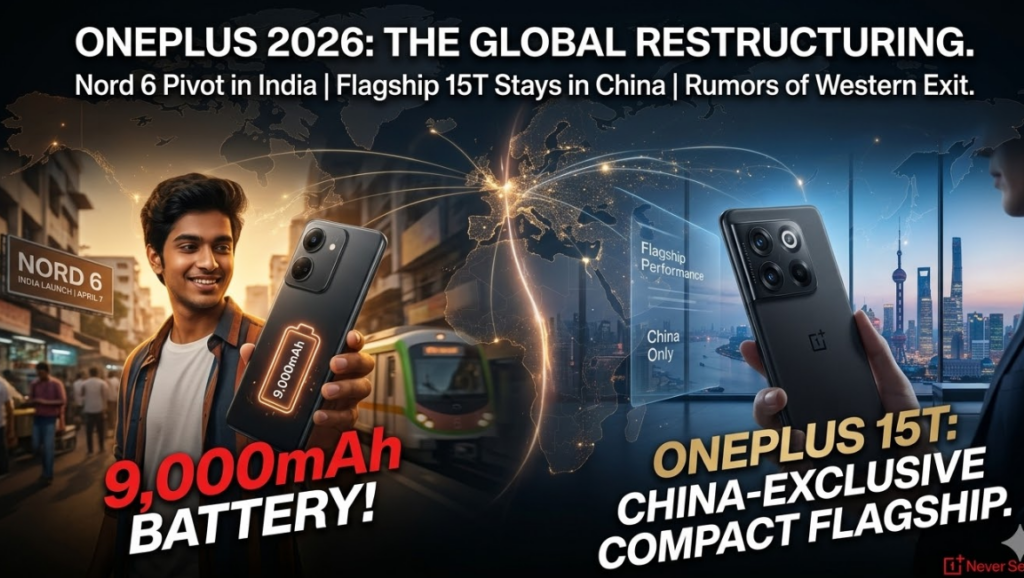 Is OnePlus Shutting Down in 2026? Unpacking the Rumors, the Nord 6, and the End of the "Flagship Killer" Era 21 A detailed infographic summary of the massive organizational shifts for OnePlus as of March 2026. The main white sans-serif headline across the top center, set against a dark global map, reads: 'ONEPLUS 2026: THE GLOBAL RESTRUCTURING.' Below it, smaller white text details: 'Nord 6 Pivot in India | Flagship 15T Stays in China | Rumors of Western Exit.' A glowing energy line on the background map divides the Eastern and Western hemispheres, visually emphasizing the dramatic shift. The infographic is split logically into two columns. The left side, in warm amber lighting, focuses on the new India strategy: a portrait of a smiling young Indian man in a blurred Nagpur urban street setting holding the OnePlus Nord 6. Dynamic red and white text, highlighted by a stylized large glowing battery icon, reads: '9,000mAh BATTERY!' Background elements hint at a 'NORD 6 INDIA LAUNCH | APRIL 7.' The right side, in cool blue lighting, focuses on the premium China strategy: a sophisticated close-up photograph of a business professional in a high-rise office overlooking the futuristic Shanghai skyline at twilight, holding the premium, China-exclusive OnePlus 15T. Elegant gold and white text across the lower right section reads: 'ONEPLUS 15T: CHINA-EXCLUSIVE COMPACT FLAGSHIP.' A visible telephoto lens array and premium Hasselblad branding are highlighted on the back of the phone. Subtle text elements, appearing on a translucent screen display, mention 'Flagship Performance' and 'China Only.' The lighting contrast visually represents the diverse market approaches, set against a dark global map indicating a retreat from Western markets. A subtle red OnePlus ' Never Settle' watermark is in the bottom right corner."