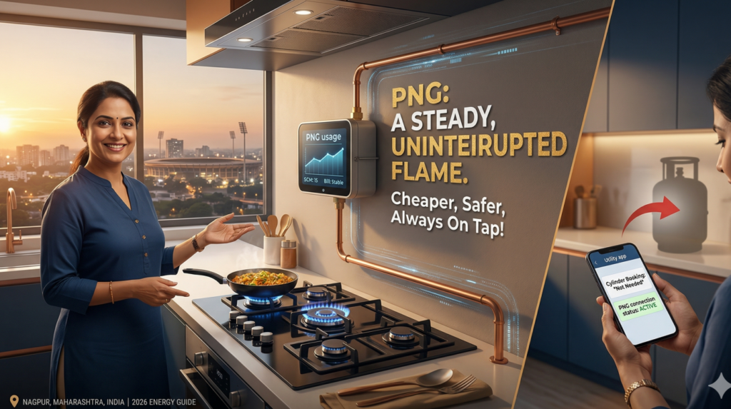 The Ultimate Guide to PNG vs LPG in 2026: Why India is Switching to Piped Natural Gas 19 The entire 2x2 grid composite graphic is unified by a clean deep blue and gold border featuring subtle abstract Indian architectural motifs. Across the very top, a large headline reads: "PNG: A MODERN KITCHEN REVOLUTION / UNDERSTANDING THE KEY BENEFITS OVER LPG." The location and date 'NAGPUR, MAHARASHTRA, INDIA | 2026 ENERGY DIGEST' are subtly present in the bottom-left border. A red OnePlus ' Never Settle' watermark is in the very bottom-right corner. All text is perfectly legible with high contrast.
