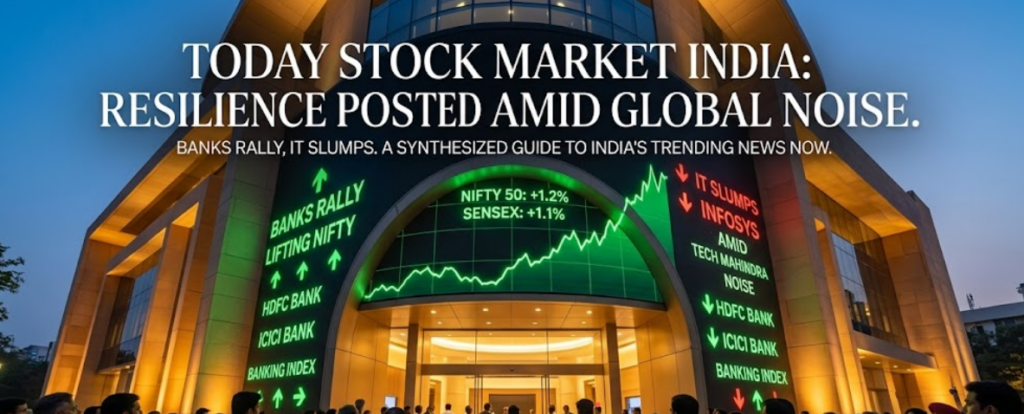 India Trending News Today: Badshah Marriage Rumors, Ram Navami Celebrations, stock Market Movers, and the OnePlus Shakeup (March 25, 2026) 18 A sophisticated, photojournalistic featured image for a stock market article, combining dynamic digital overlays with a twilight street scene in Nagpur, India, on March 26, 2026. Diverse crowds of professional and diverse Indian investors gather, looking up at dynamic digital displays on the façade of a modern stone stock exchange building bathed in warm golden light against a deep blue twilight sky. A large, central curved digital display arch shows a green line chart with a clear upward trend, overlaid with elegant white serif text reading: "TODAY STOCK MARKET INDIA: RESILIENCE POSTED AMID GLOBAL NOISE." Below it, a smaller text header reads: "BANKS RALLY, IT SLUMPS. A SYNTHESIZED GUIDE TO INDIA'S TRENDING NEWS NOW."