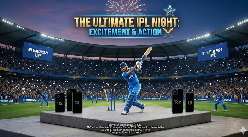 IPL 2026 Opening Week Blockbuster: Full Schedule, Team Previews, and the Return of Cricket's Biggest Festival 16 A vast, packed cricket stadium at twilight with large floodlights illuminating the scene and a massive burst of fireworks in the sky above. Floating above the central action is prominent metallic gold and blue text reading, "THE ULTIMATE IPL NIGHT: EXCITEMENT & ACTION". Below the text, centrally positioned on a large grey concrete batting block, a cricketer wearing a blue uniform with "IPL" on the jersey strikes a powerful shot with a cricket bat. Flanking the batter on the concrete platform are four modern smartphones displayed like products. Two larger black smartphones labeled "18e" are paired with slightly smaller ones labeled "18", one pair on the left and one on the right. Jumbotron screens on both sides of the stadium stand display "IPL MATCH 2024 LIVE". Boundary advertising boards are visible in the midground, and a large crowd holding up glowing phone lights fills the stands. At the very bottom center, small white text reads, "Maverick conceptual Credits Ma'rashtra Headlines Conceptual Vision 2026 | Conceptual Never Settle Fix with AI / publish | Conceptual Never Settle Conceptual Never Settle error".