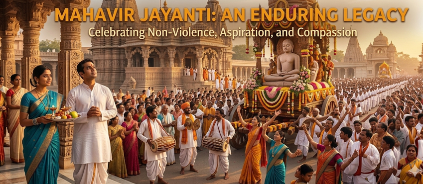 Mahavir Jayanti 2026: Your Ultimate Guide to Celebrating Compassion and Peace 13 A wide-angle, panoramic photograph capturing a grand Mahavir Jayanti festival Rath Yatra procession. At the top of the image, the text in rich saffron and white fonts reads: "MAHAVIR JAYANTI: AN ENDURING LEGACY" and below it "Celebrating Non-Violence, Aspiration, and Compassion". In the background, an ancient, exquisitely carved sandstone Jain temple complex with multiple detailed spires is bathed in the warm, golden light of the sunset. Centered is a large, gilded ceremonial chariot, adorned with garlands of orange, pink, and white flowers, carrying a stone idol of Lord Mahavir in a seated meditation pose. Hundreds of devotees, dressed primarily in traditional white Indian clothing, form a massive procession. Many pull the chariot ropes, others sing, dance, and raise their hands in celebration. In the mid-ground, musicians play traditional dhol drums. In the foreground to the left, a woman in a detailed blue saree holds a plate of ritual offerings (lamps, fruits, flowers), and a man in a white kurta looks reverently upward, both watching the procession pass. The ground is paved, and the entire scene is filled with a sense of reverent celebration.