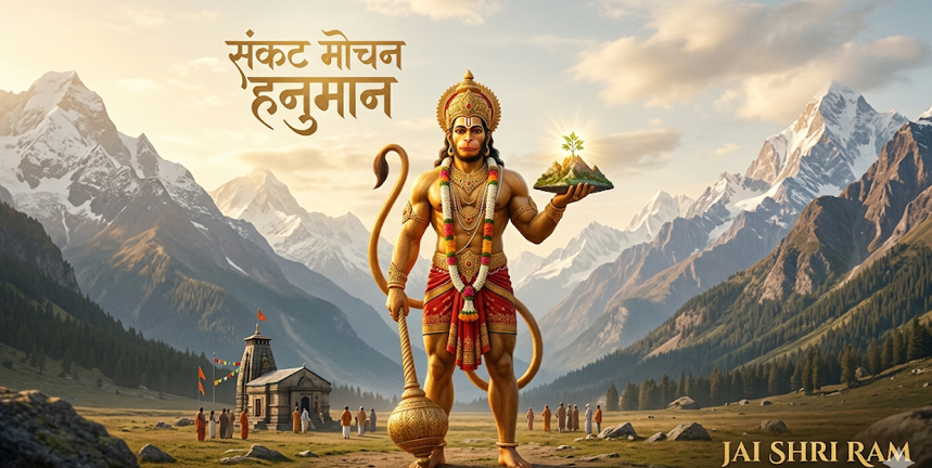 Hanuman Janmotsav 2026: The Ultimate Guide to Celebrating the Birth of Bajrangbali 11 A photorealistic devotional image of Lord Hanuman with golden skin, fully adorned in jewelry and a crown. He stands powerfully, holding a golden mace (gada) in his left hand and a glowing miniature of the Dronagiri mountain with Sanjeevani herbs in his right. Above him, bold Devanagari text in gold reads "संकट मोचन हनुमान". Below, a small temple and devotees are nestled in a valley against a grand, snow-capped mountain range under a partly cloudy sky. At the bottom right, English text reads "JAI SHRI RAM" and "NAGPUR, 2026".