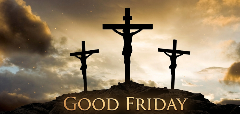 Good Friday 2026: The Ultimate Guide to Its History, Meaning, and Life Lessons 10 A dramatic silhouette illustration of three crosses on a rocky hill, against a golden-orange and grey cloudy sunset sky. The central cross has a figure on it, and the two side crosses also have smaller figures. Bold golden text at the bottom reads "GOOD FRIDAY".
