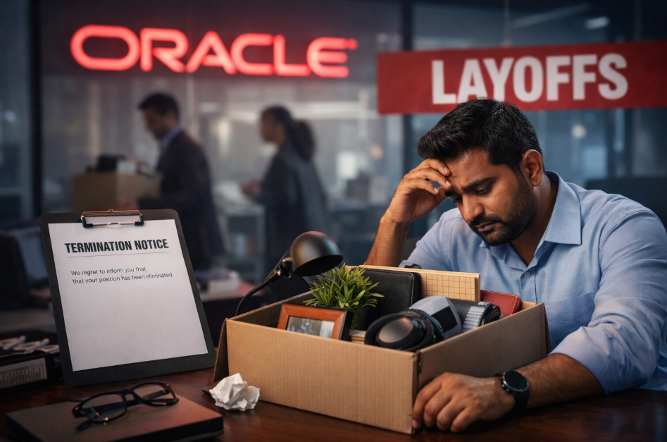 A Balancing Act: Understanding the Oracle Layoffs of 2026, with a Special Focus on Oracle India 9 A distressed male employee sits at an office desk, looking down with his hand on his head in a gesture of stress or sadness. In front of him is a cardboard box packed with personal belongings, including a small plant and headphones. To his left, a clipboard displays a "TERMINATION NOTICE" stating his position has been eliminated. In the blurred background, the red Oracle logo and a "LAYOFFS" banner are prominently visible, along with silhouettes of other people packing boxes.
