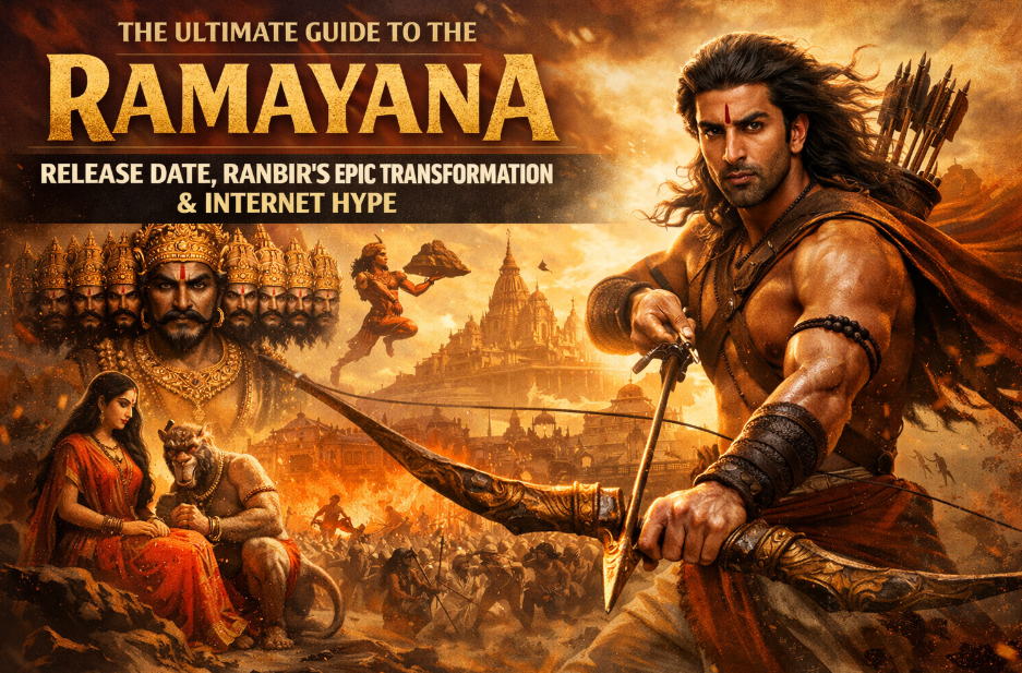 The Ultimate Guide to the Ramayana Teaser: Release Date, Time, Ranbir Kapoor's Epic Transformation, and Internet Hype 7 A composite graphic illustration poster for "The Ultimate Guide to the Ramayana", with central title text in large, stylized font. Below the main title is a black banner with text: "RELEASE DATE, RANBIR'S EPIC TRANSFORMATION & INTERNET HYPE". The illustration features prominent figures: a muscular Lord Rama on the right in warrior pose, with a tilak and long hair, aiming an ornate golden bow; a ten-headed figure of Ravana looking fierce on the top-left; and a leaping figure of Hanuman holding a mountain on the center-left. At the bottom-left, a woman (Sita) in traditional red clothing sits beside a lion-headed figure, looking towards the right. The entire background is filled with a chaotic scene of explosions, fire, smoke, and an ancient Indian temple city in conflict, with small figures of armies in battle under a dark, cloudy sky. The poster has a rich, golden and orange color palette.