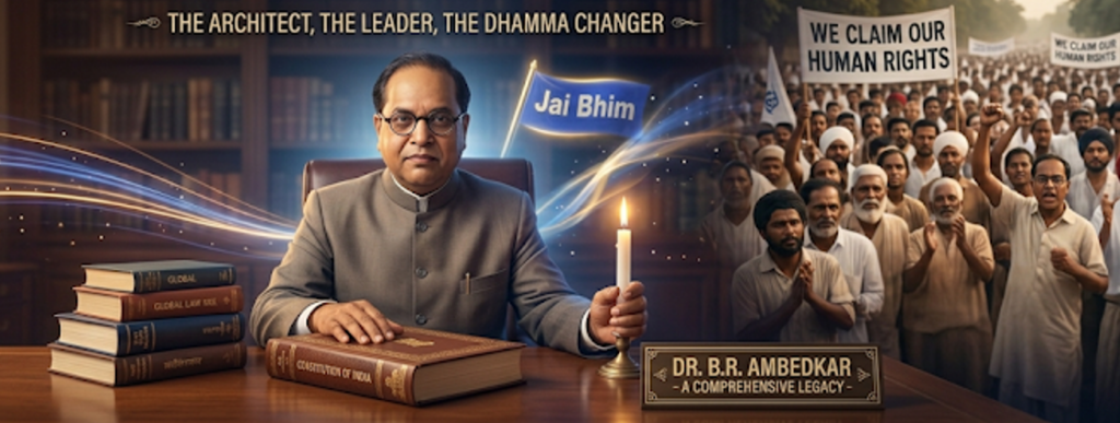 Ambedkar Jayanti 2026: Celebrating the Architect of Modern India and Champion of Social Justice 6 A long panoramic illustration banner showing Dr. B.R. Ambedkar seated at a detailed library desk in a study. He wears round glasses and an grey Nehru jacket, with his hand on a stack of books labeled "CONSTITUTION OF INDIA" and "GLOBAL LAW". Behind him to the left, a blue flag reads "Jai Bhim". Above him, a text banner says, "THE ARCHITECT, THE LEADER, THE DHAMMA CHANGER". He holds a single lit candle in his right hand. A massive, diverse crowd of people is marching behind him to the right, holding banners like "WE CLAIM OUR HUMAN RIGHTS" and "CHOWDAR TANK". A desk plaque to the right reads "DR. B.R. AMBEDKAR - A COMPREHENSIVE LEGACY". Swirling blue and gold light trails and particles connect the entire scene, combining library, marching crowd, and desk details. The style is digital illustration, with a cinematic, twilight-like ambiance.