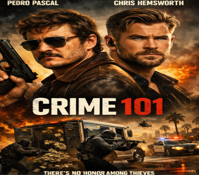 Your Ultimate April 2026 Entertainment & Sports Digest: Big Movies, Thrilling Cricket, and Viral News 5 A movie poster for the film "CRIME 101" featuring Pedro Pascal and Chris Hemsworth. The top half shows the two actors standing back-to-back against a backdrop of fiery explosions; Pascal is wearing aviator sunglasses and holding a handgun, while Hemsworth wears an earpiece. Below the large title text, the bottom half depicts a chaotic heist scene on a street lined with palm trees. Armed individuals in dark tactical gear are raiding an armored truck that is spilling large amounts of cash onto the street, while a police car with flashing lights and a helicopter approach the scene. The tagline at the bottom reads, "THERE'S NO HONOR AMONG THIEVES".