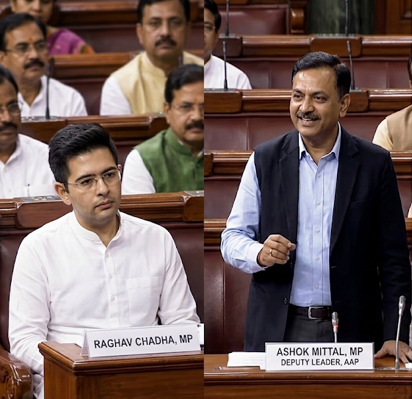 Complete 2026 News Roundup: Why AAP removes Raghav Chadha & Other Global Headlines 4 A side-by-side image collage. On the left, a photograph from inside the Indian Parliament shows AAP MP Raghav Chadha (left, in white kurta) and MP Ashok Mittal (right, in dark suit, speaking) seated at a long desk with microphones and nameplates. The right side features a news graphic interface titled 'GLOBAL NEWS ROUNDUP' with news anchors in an inset. The main section lists various news points in distinct panels with visuals and text: a red and black virus graphic with 'HEALTH ALERT: CICADA COVID VARIANT BA 3.2'; an illustration of a deity with 'BOLLYWOOD BUZZ: RANBIR KAPOOR RAMAYANA TEASER LEAKS'; a central panel with an inset of Raghav Chadha and the main headline 'AAP REMOVES RAGHAV CHADHA: FULL STORY' and inset of Ashok Mittal; an illustration of a large rocket with 'SPACE EXUDES: NASA ARTEMIS ROCKET PREPS FOR LAUNCH'; a map of Indonesia with an earthquake graphic and 'GLOBAL CRISIS: INDONESIA EARTHQUAKE & TSUNAMI WARNING'; and a photo of a motorcycle with 'BIKE NEWS: BAJAJ DOMINAR X ADV SPY SHOTS'. Other unidentifiable people are in the background out of focus.