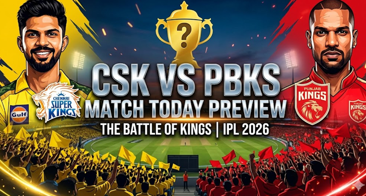 IPL Match Today Preview: Chennai Super Kings vs Punjab Kings – The Yellow Army Braces for a Battle of Kings 3 A dynamic promotional graphic for today's IPL match featuring Chennai Super Kings captain Ruturaj Gaikwad and Punjab Kings captain Shikhar Dhawan. The background shows a stadium divided with cheering fans in yellow and red. The bold text reads 'CSK VS PBKS MATCH TODAY PREVIEW', setting the perfect stage for our ultimate CSK vs PBKS prediction.