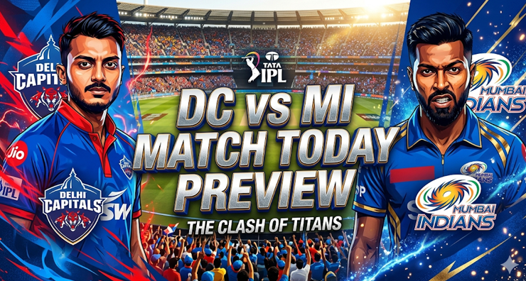 Delhi Capitals vs Mumbai Indians Prediction: The Ultimate IPL 2026 Match 8 Preview 2 A dynamic featured composite graphic for the "DC VS MI MATCH TODAY PREVIEW". It combines stylized portraits of captains Axar Patel (left, Delhi Capitals) and Hardik Pandya (right, Mumbai Indians) with metallic central text and vibrant team colors against a packed stadium background with glowing energy trails, an essential visual for the predicted match.