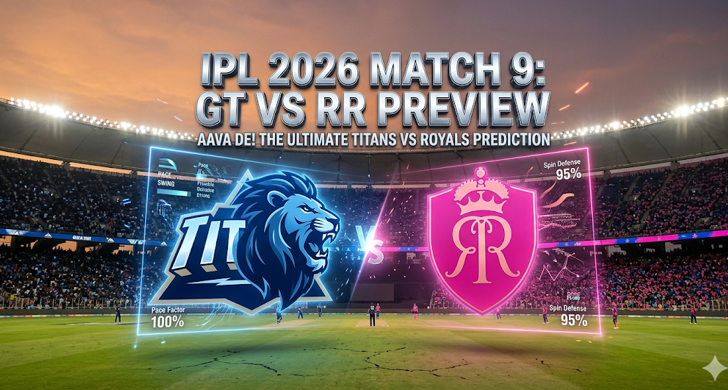 Gujarat Titans vs Rajasthan Royals Prediction: The Ultimate IPL 2026 Match 9 Preview 1 A dynamic promotional graphic for an IPL 2026 cricket match preview. The main text at the top reads "IPL 2026 MATCH 9: GT VS RR PREVIEW" with the subtitle "AAVA DE! THE ULTIMATE TITANS VS ROYALS PREDICTION". The background is a massive cricket stadium split down the middle with blue fans and a blue sky on the left, and pink fans and a pink sky on the right. In the center foreground, a large 'VS' sign separates glowing team logos: the blue and gold 'GUJARAT TITANS' lion logo on the left and the pink and gold 'RAJASTHAN ROYALS' crown logo on the right.