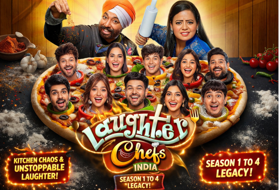 A dynamic and vibrant promotional poster for Laughter Chefs India, featuring Chef Harpal Singh Sokhi sprinkling spices and host Bharti Singh holding a rolling pin. Below them is a giant pizza topped with the smiling faces of ten celebrity contestants peering out from the toppings. Glowing neon text highlights the main logo, promising "Kitchen Chaos & Unstoppable Laughter!" and celebrating the show's "Season 1 to 4 Legacy!"