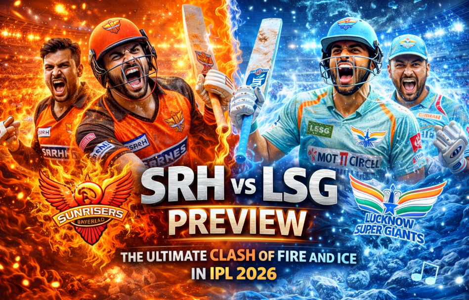 SRH vs LSG Preview: The Ultimate Clash of Fire and Ice in IPL 2026 1 A dynamic, split-screen promotional graphic for an IPL cricket match. The left side features a fiery orange and red theme with two Sunrisers Hyderabad players roaring aggressively, one holding a flaming bat, positioned above the SRH logo. The right side features an icy blue theme with two Lucknow Super Giants players cheering, one holding a frosted bat, positioned above the LSG logo. In the center, bold 3D text reads "SRH vs LSG PREVIEW" with a subtitle below stating "THE ULTIMATE CLASH OF FIRE AND ICE IN IPL 2026".