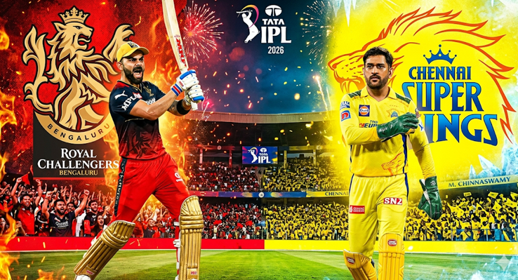 “RCB vs CSK IPL match poster featuring an RCB batsman celebrating a big shot and a CSK player in yellow kit, with team logos, stadium crowd, and TATA IPL 2026 branding in a high-energy cricket showdown.”